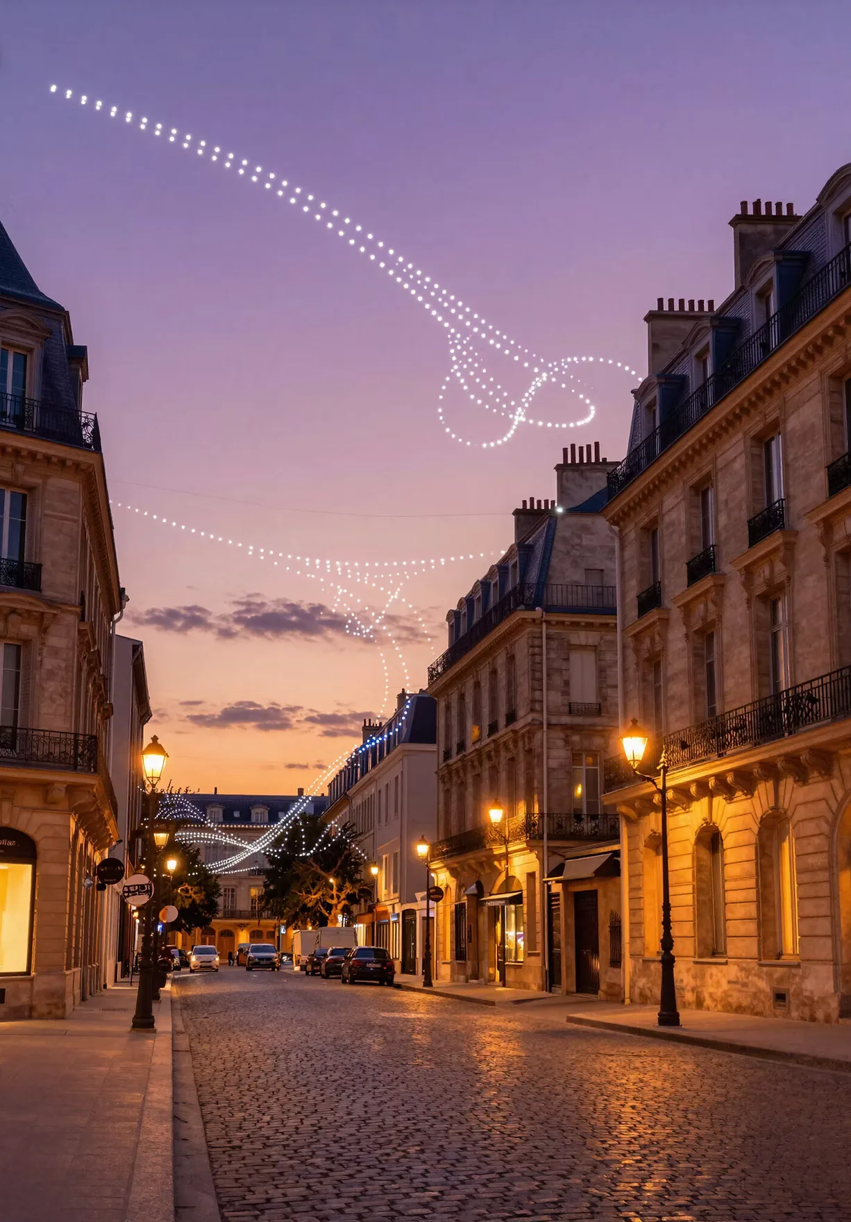 Rue française au crépuscule avec une trainée lumineuse de drones dans le ciel