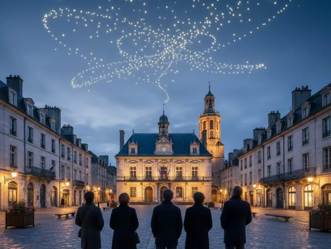 Place publique française avec des habitants regardant un spectacle de drones au-dessus de l'hôtel de ville